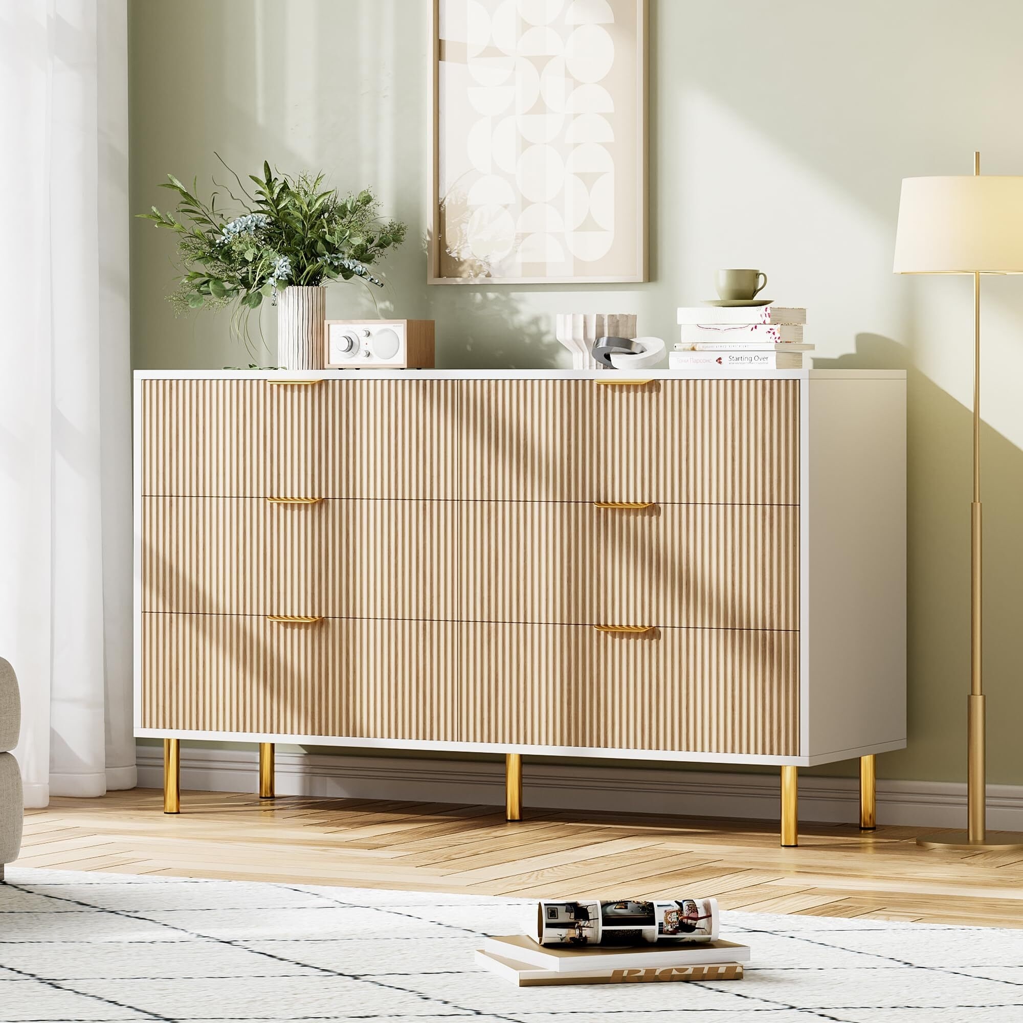 Dien 59 Inch Modern Dresser Gray Wood Frame 6 Drawers Gold Metal Handles Bed Bath Beyond 37962458