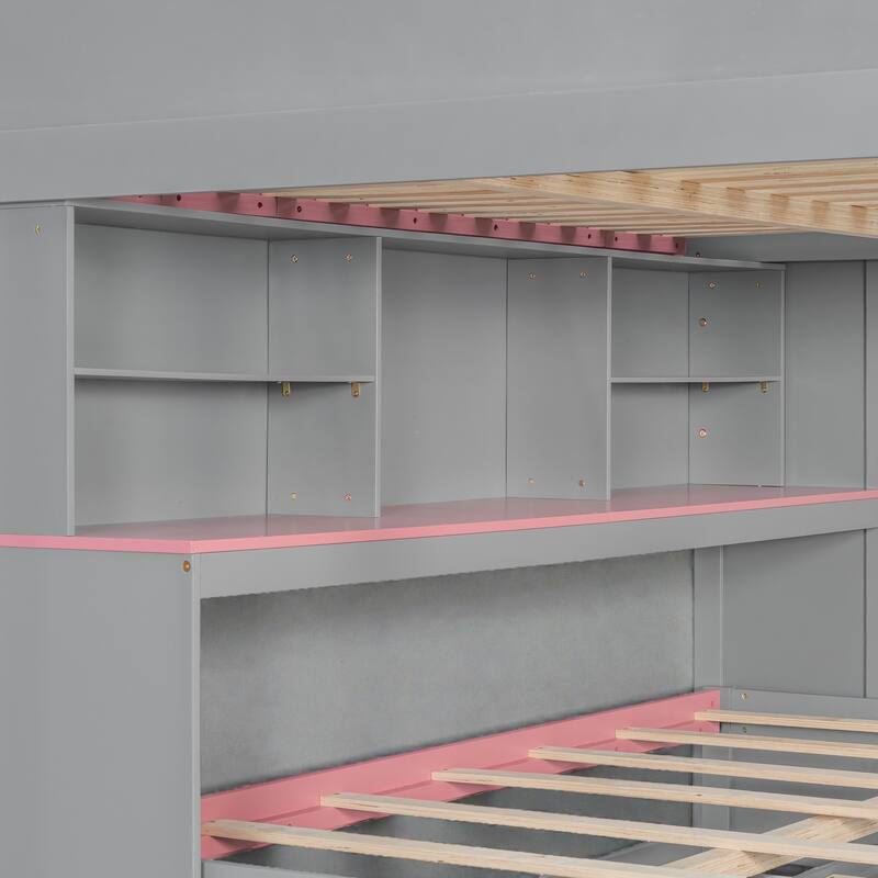 Full Over Full Bunk Bed with Twin Trundle, Staircase Storage Drawers, Shelves and LED Lighting, Kids Bunk Bed