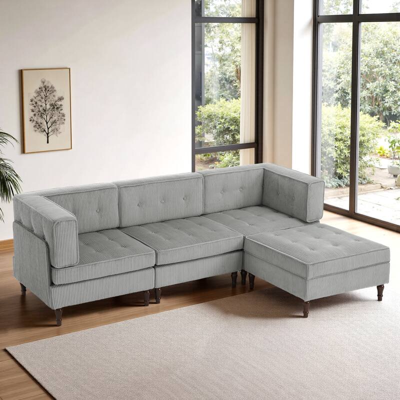 UIXE 4 - Piece Corduroy Sectional Sofa with Flip-Top Storage Ottoman Coffee Table - Light Grey