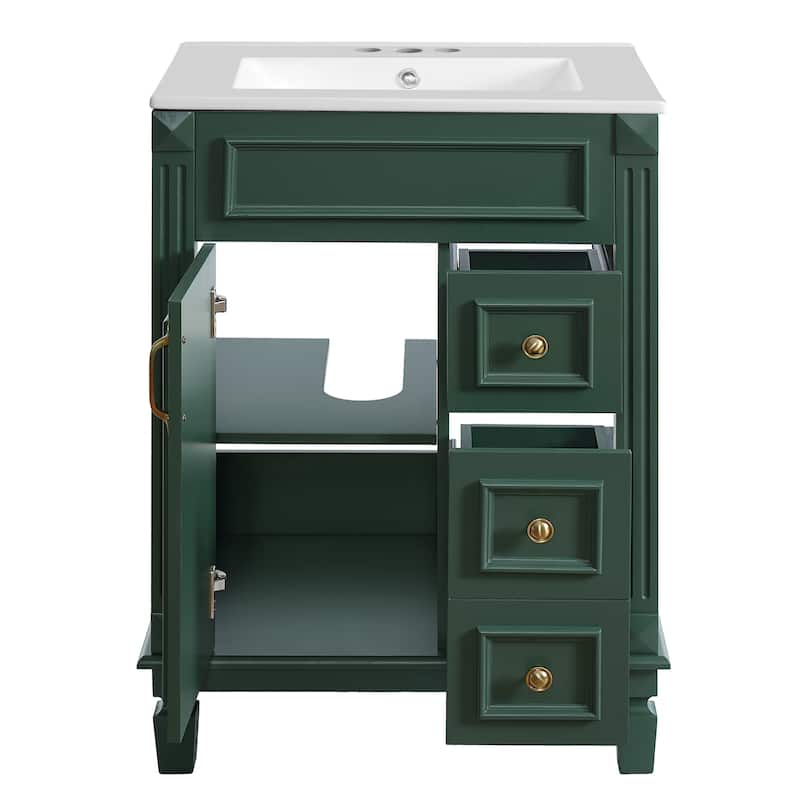 24" Bathroom Vanity with Ceramic Sink Bathroom Storage Cabinet with 2 Drawers and Adjustable Shelf