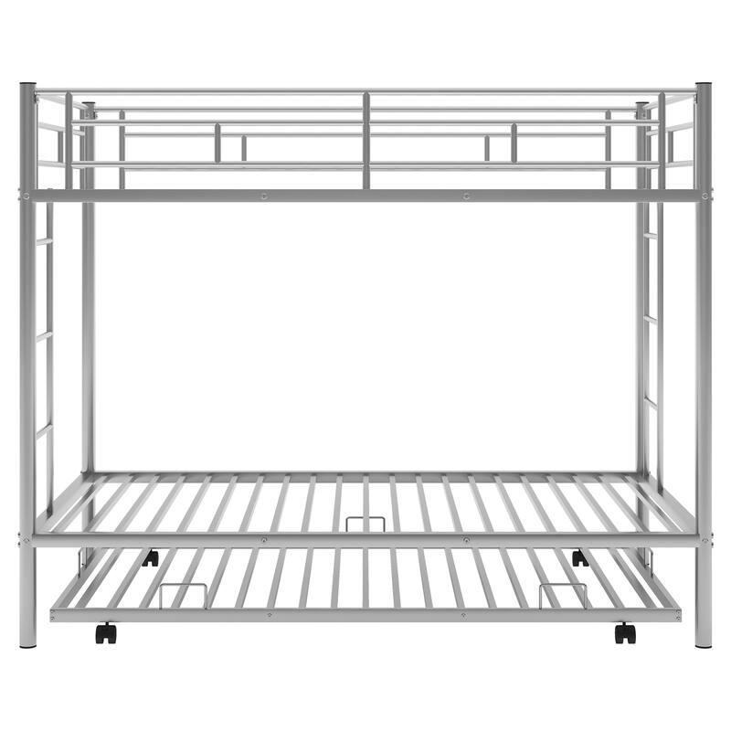 Twin over Twin Bunk Bed with Trundle, Silver, Metal Frame, Space-Saving Design