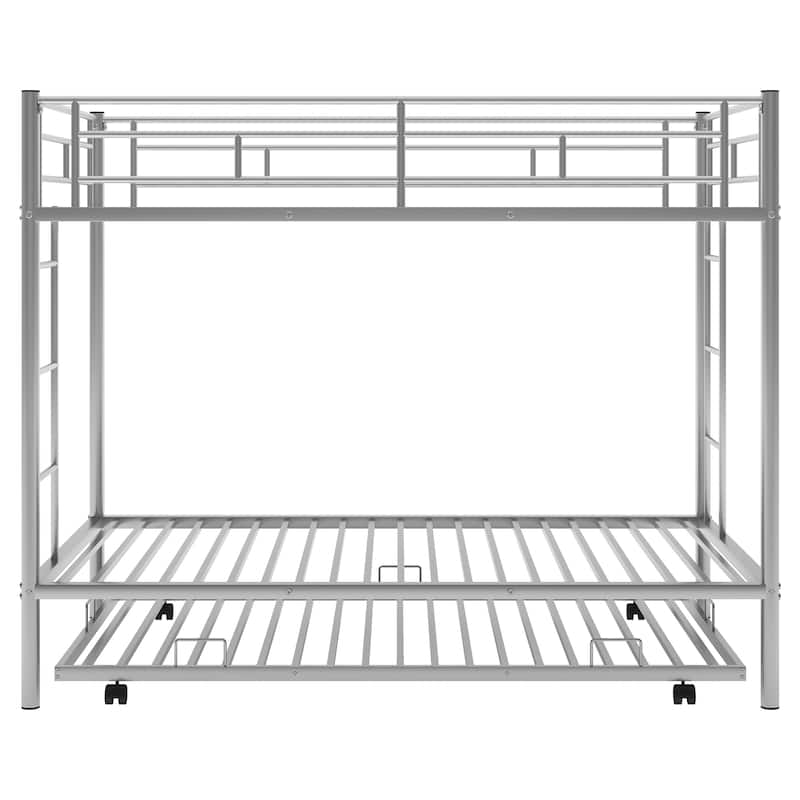 Twin over Twin Size Metal Bunk Bed with Trundle, Ladder and Fence for Bedroom
