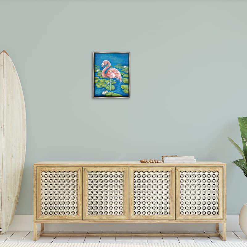 Stupell Balancing Flamingo & Lily Pads Framed Floater Canvas Wall Art Design By Diane Kater