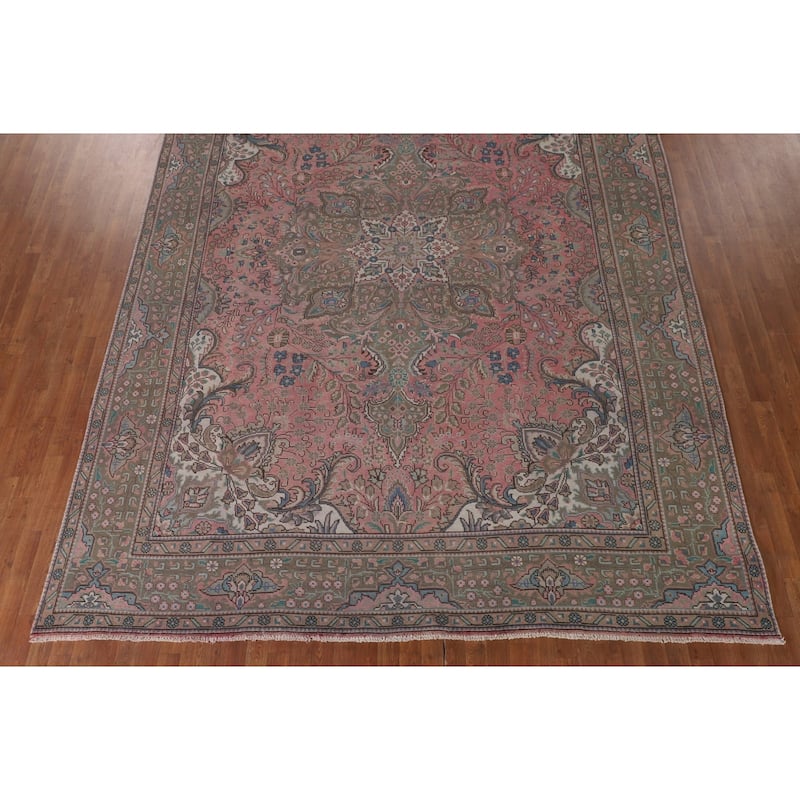Pink Tabriz Persian Vintage Rug Hand-Knotted Wool Carpet - 9'7"x 12'11"