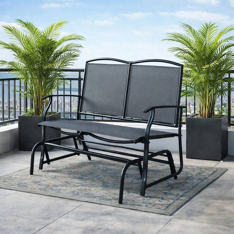 Kaycey 2-Person Black Metal Outdoor Loveseat Glider with Mix Grey Sling - N/A