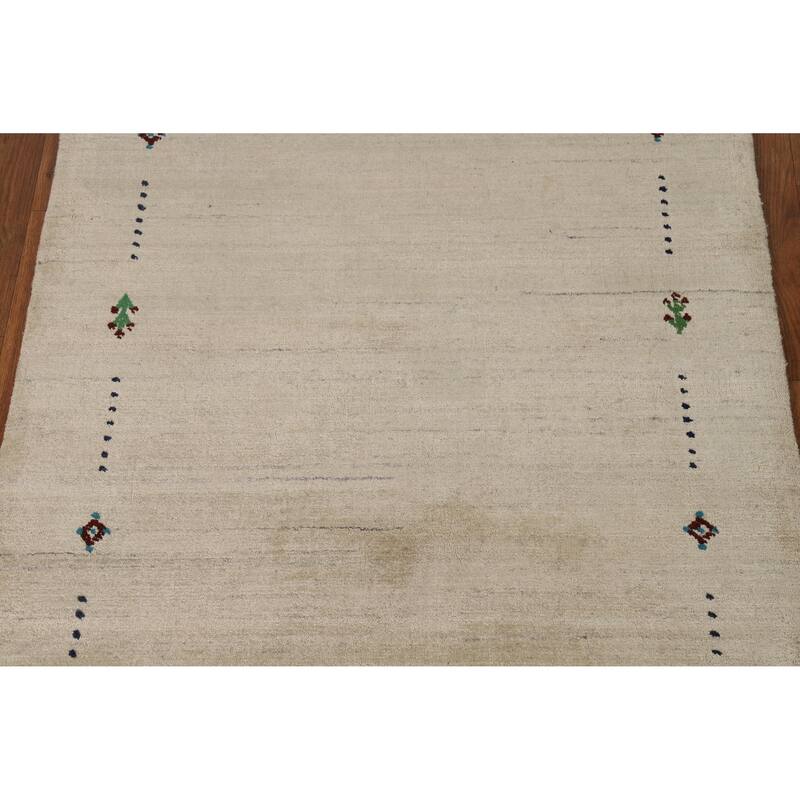 Tribal Beige Gabbeh Indian Foyer Rug Handmade Silk Carpet - 3'1"x 4'11"