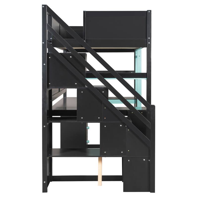 Twin Size Wooden Gaming Loft Bed with Storage Stairs, Desk, Shelves & Pegboard