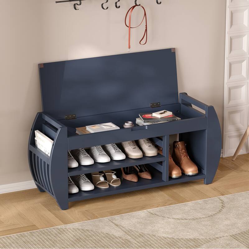 Shoe Bench 2-Tier Storage Bench with Cushion & Curved Side Holder, Wooden Panel Shoe Rack Organizer for Entryway, Living Room