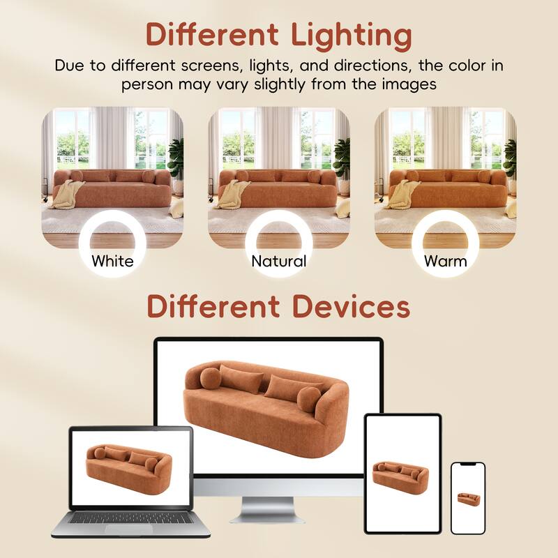 Orange Boneless Couch Upholstered Sofa with Pillows, 3-Seater Sofa Couch Settee Couch for Living Room