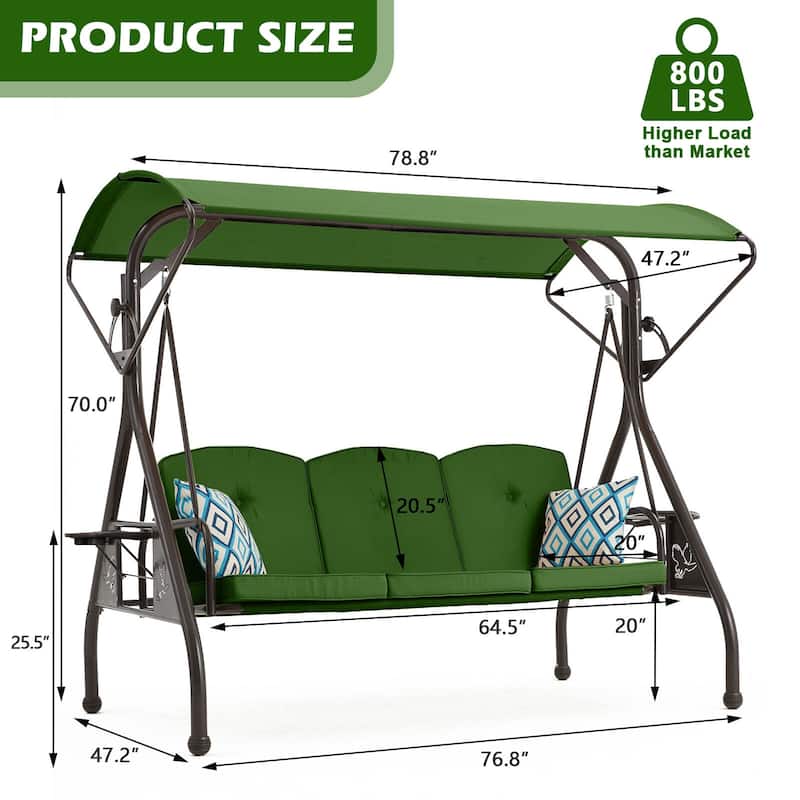 3-Person Outdoor Patio Swing with Adjustable Canopy