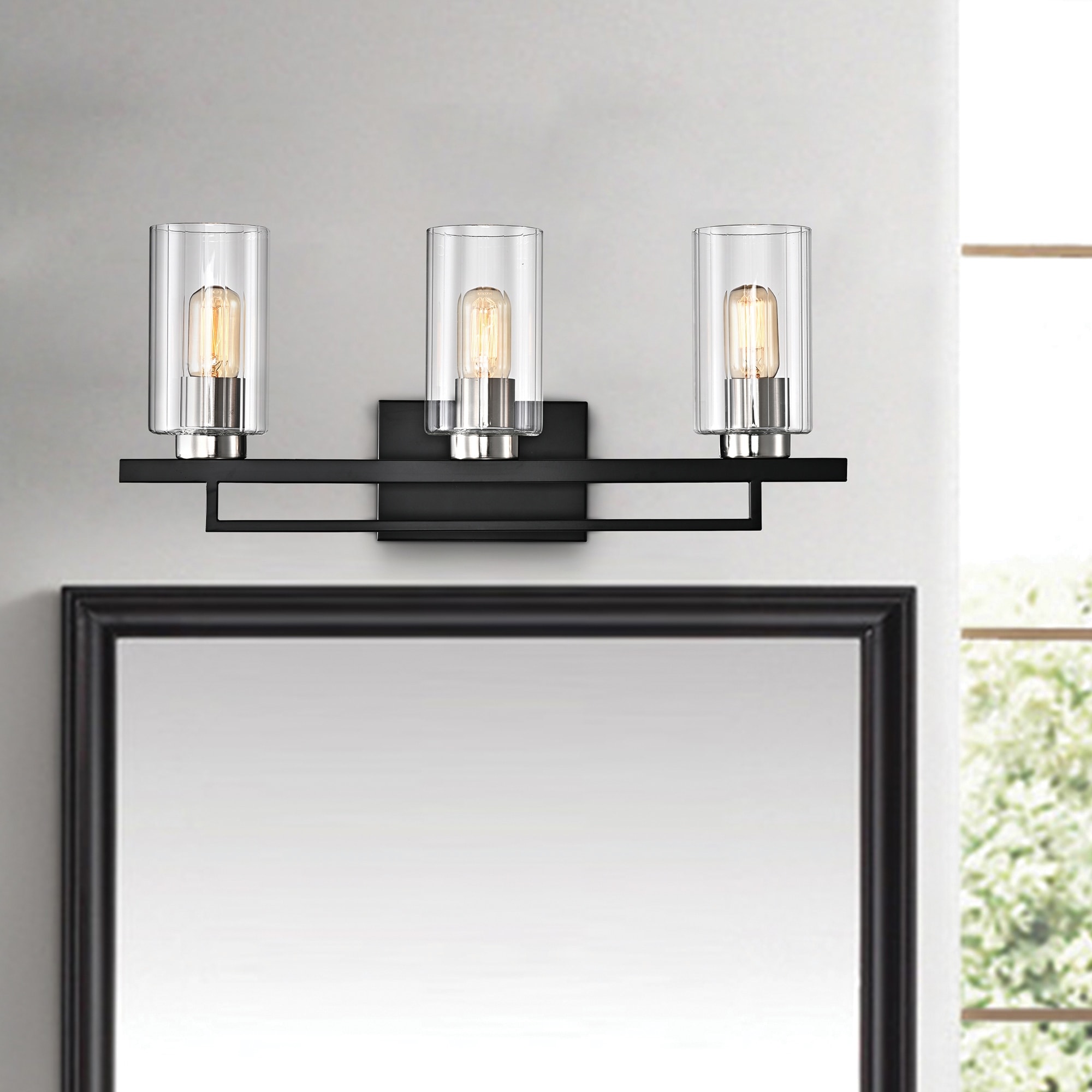 Black and Brushed Nickel 3-Light Vanity with Clear Beveled Glass Shades