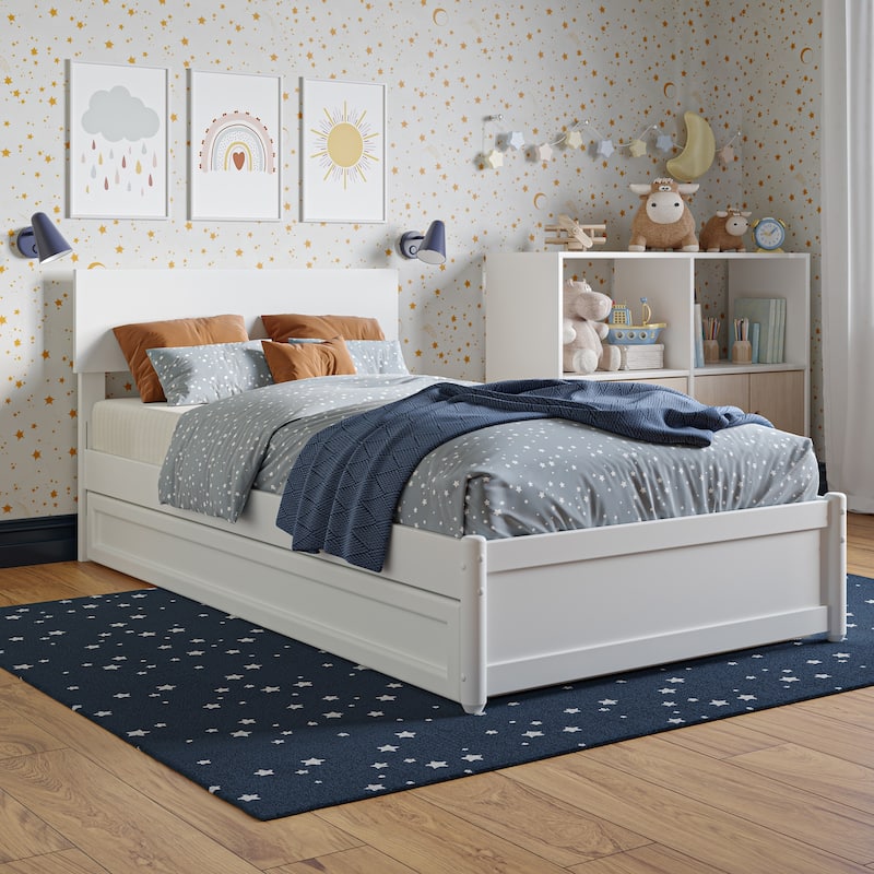 Wesley Twin Platform Bed with Panel Footboard & Twin Trundle in White