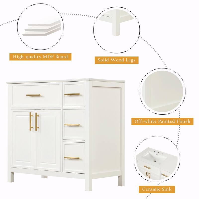 36" Bathroom Vanity with Sink Top, Cabinet with Two Doors and Three Drawers