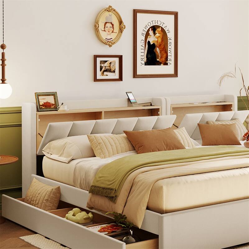 Queen Size Leather Upholstered Platform Bed with Drawer and Sockets