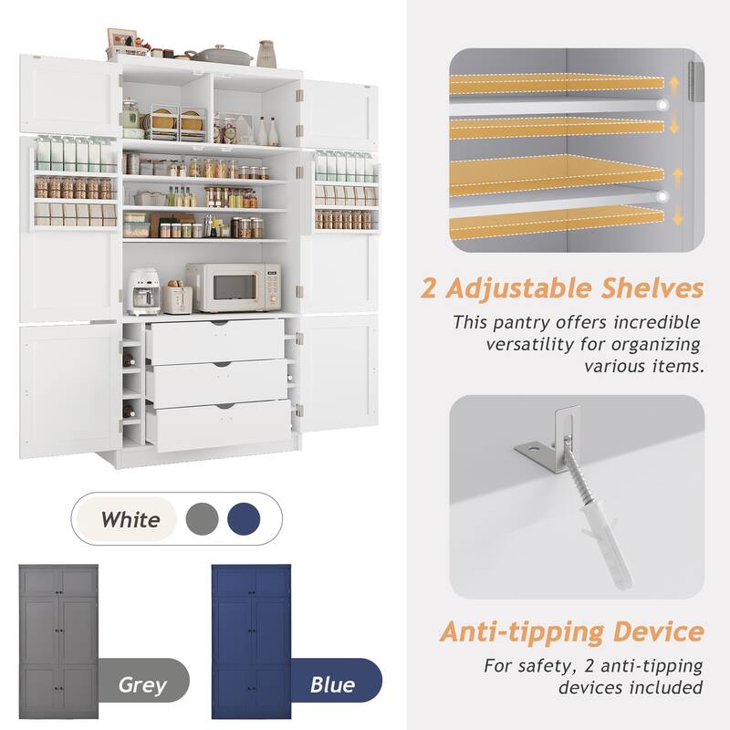 80.1" Tall Freestanding Kitchen Pantry, Shaker Style Cabinet with 2 Power Outlets, Adjustable & Door Shelves