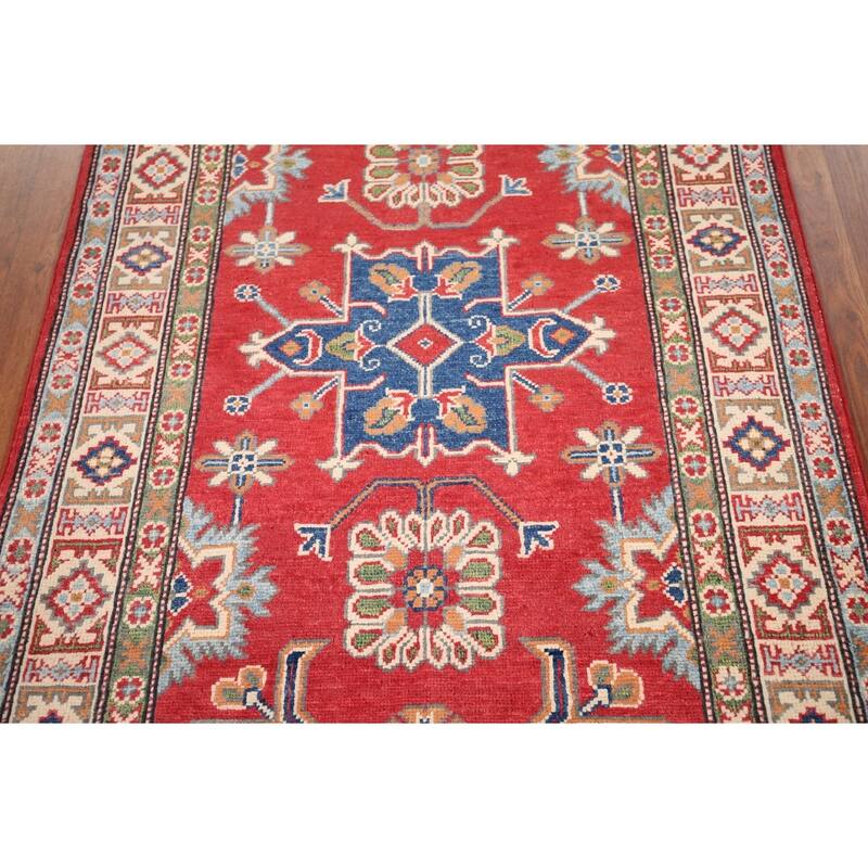 Geometric Red Kazak Oriental Accent Rug Handmade Wool Carpet - 3'4" x 5'0"