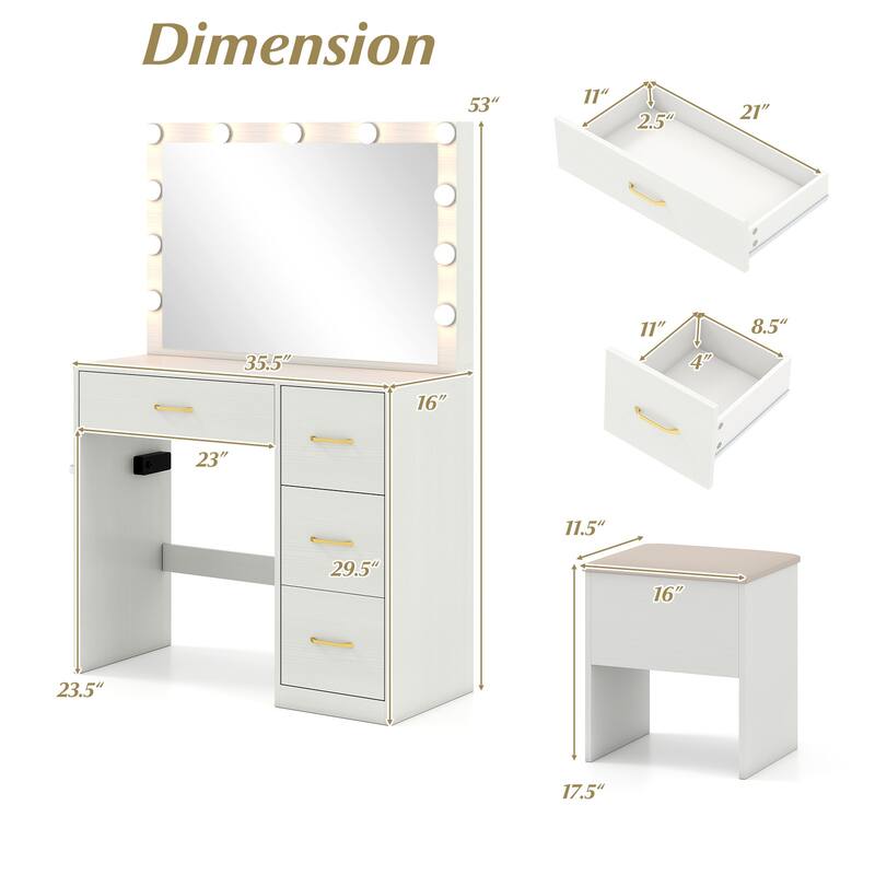 Vanity Desk and Stool Set with Lighted Mirror Built in Charging Station and Storage Drawers White - 35.5" x 16" x 53"