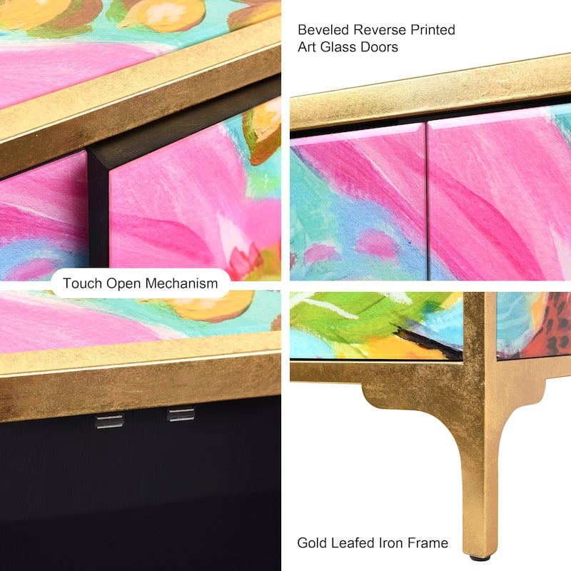 "Secret Garden Floral" Reverse Printed Beveled Art Glass Cabinet Console Table and Mirror Set