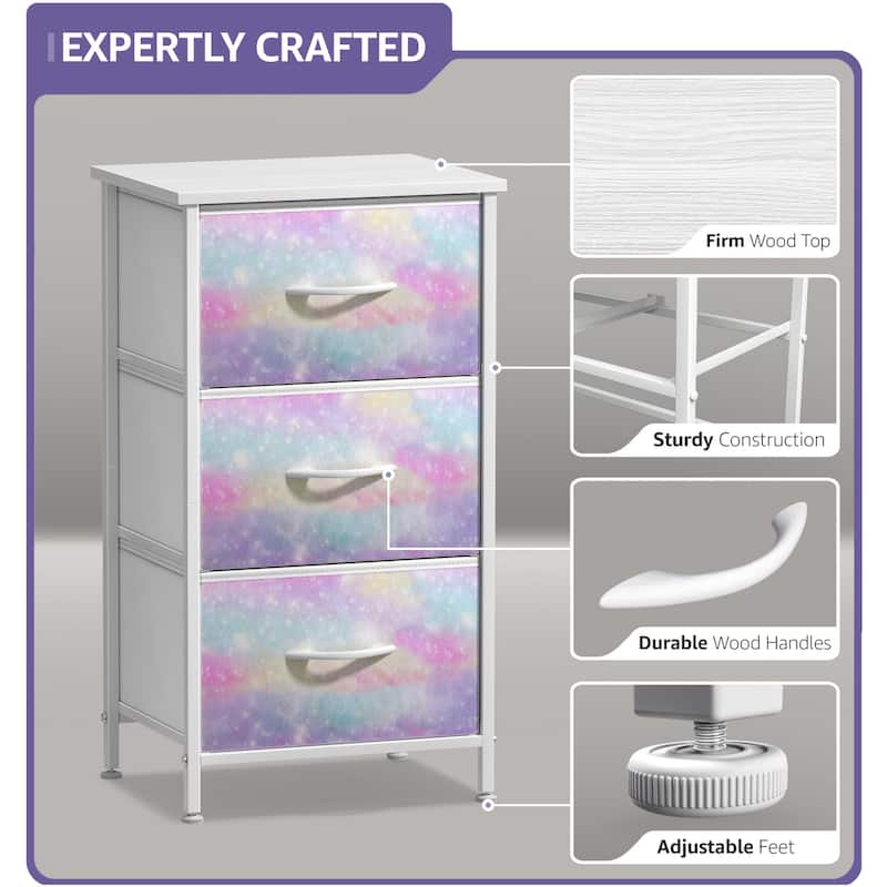 3 Drawer Bedside Nightstand End Table Bedroom Dresser, Pastel Colors