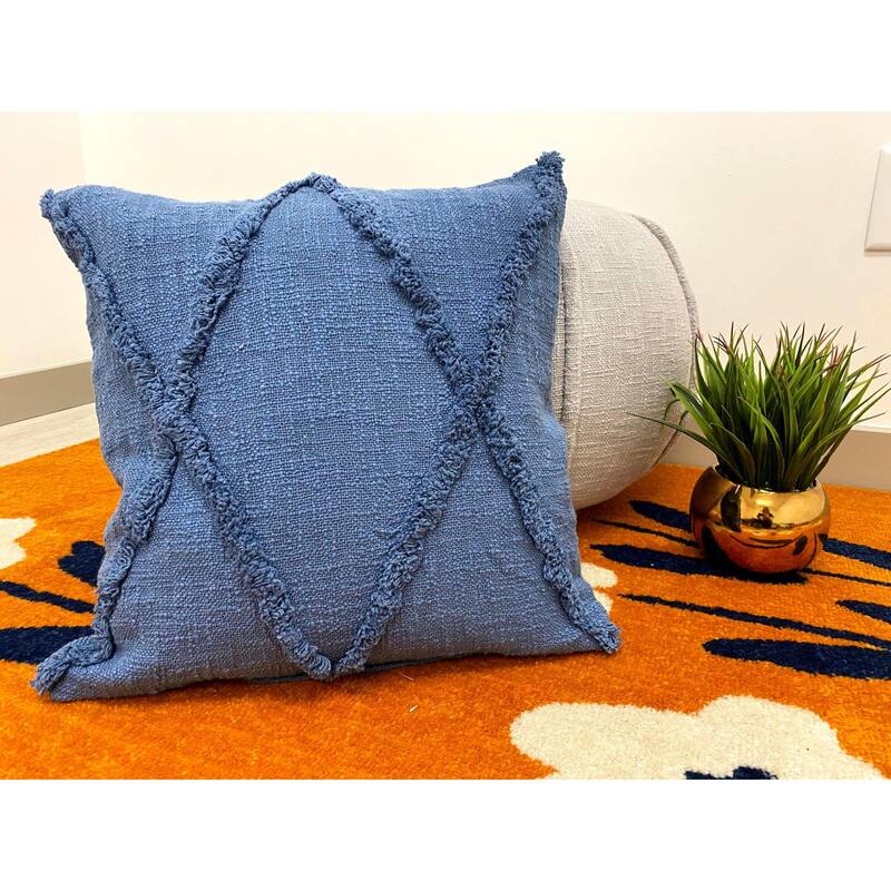 18" Blue Hand Woven Diamond Tufted Square Throw Pillow