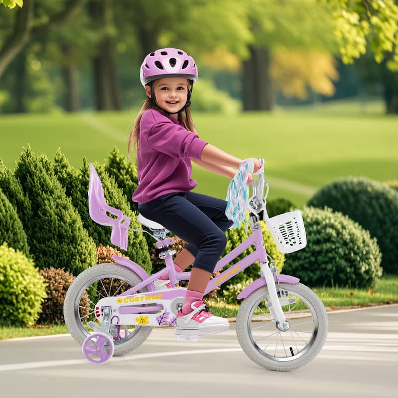 Kids Bicycle Purple Bike with Decorative Basket and Bell Training Wheels Included for Girls