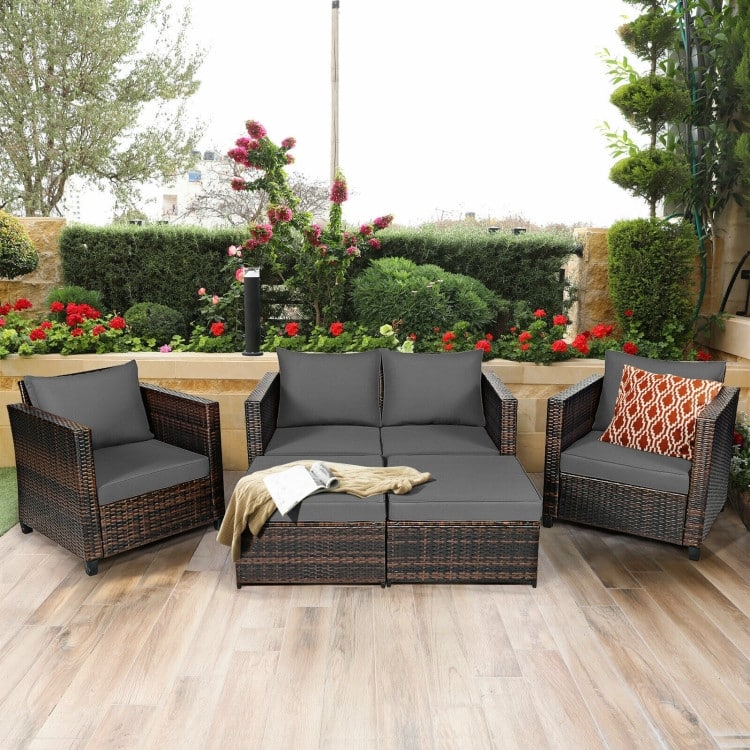 5 Pieces Patio Cushioned Rattan Furniture Set - 50" x 30.5" x 29" (L x W x H)