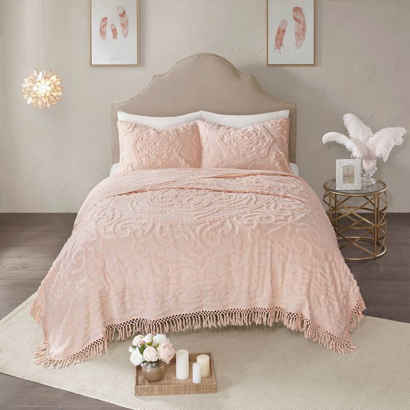 Madison Park Virginia Cotton Chenille Medallion Fringe Coverlet Set