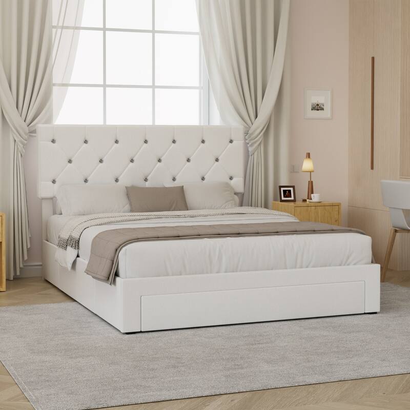 VECELO Bed Frame with Storage Drawers, Leather Upholstered with Diamond Tufted Headboard, Solid Wood Slat Support
