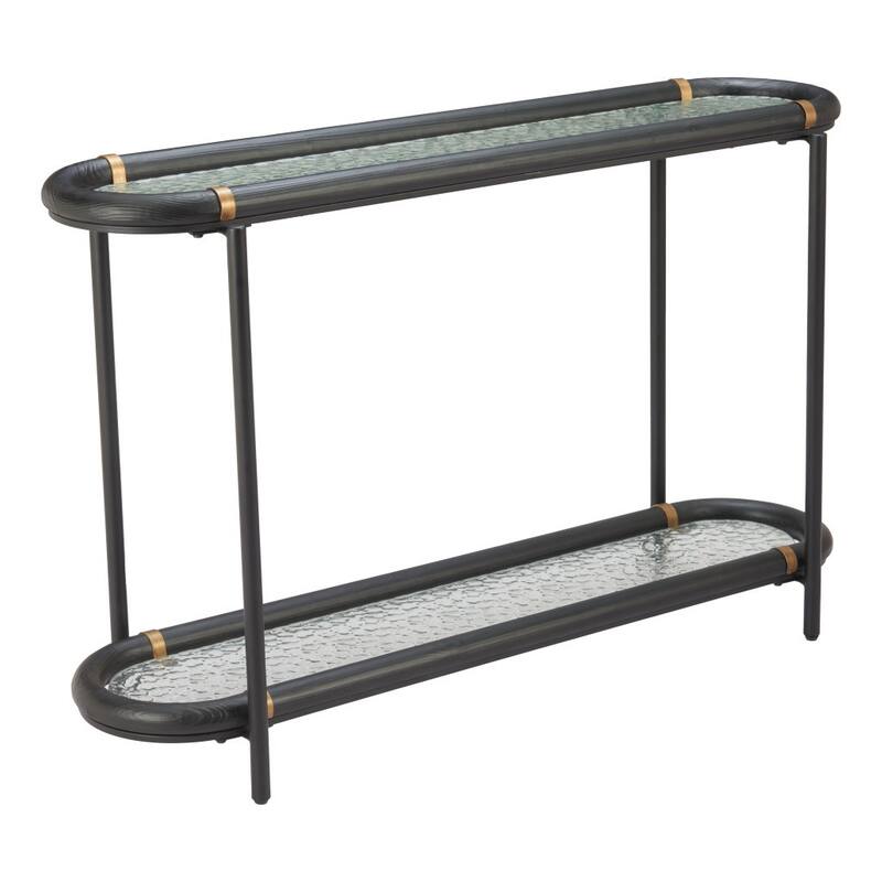 HomeRoots 52" Black and Clear Glass Solid Wood and Steel Oval Console Table With Shelf - 52.00 in. x 32.10 in. x 15.00 in.