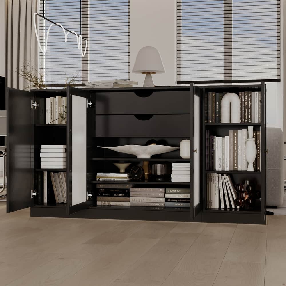 Palace Imports 100% Solid Wood 65" Sideboard with Solid, Frosted Glass Doors, 2-Drawers and Adjustable Shelves