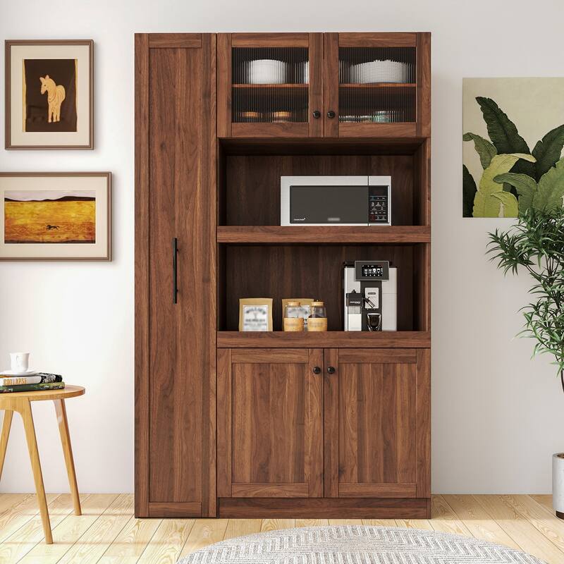 Kitchen pantry cabinet with multi-functional pull-out multi-tier storage shelf,Farmhouse Storage Cabinet with 4 Doors - Walnut
