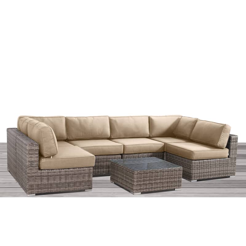 Resort Grade Set 7 Piece Rattan Sunbrella Sectional Seating Group