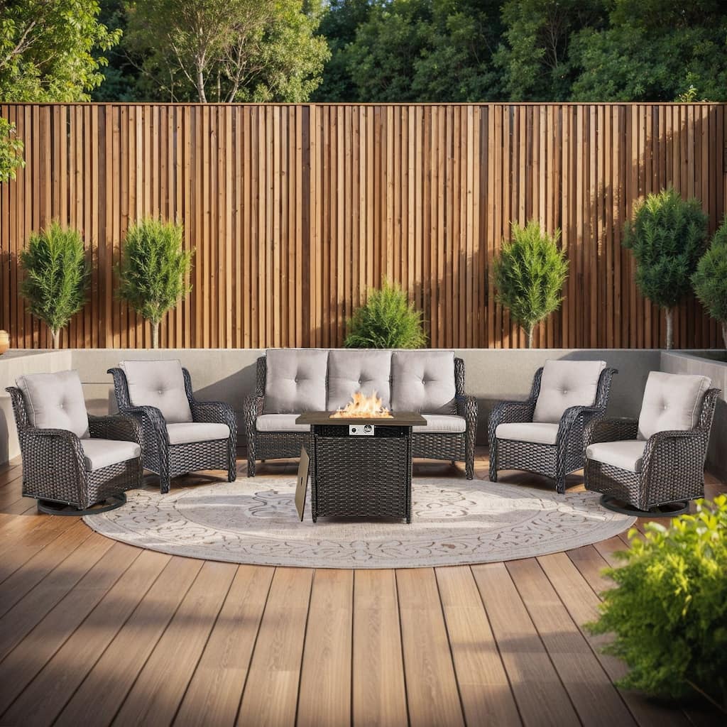 Fire Pit Table with Sofa 2 Swivel Chairs Brown-Beige - Brown