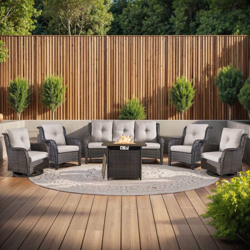 Pocassy Fire Pit Table with Sofa Swivel Chairs Set - Brown Wicker Beige Cushion - 6 Pieces Sofa Chairs with Fire Table