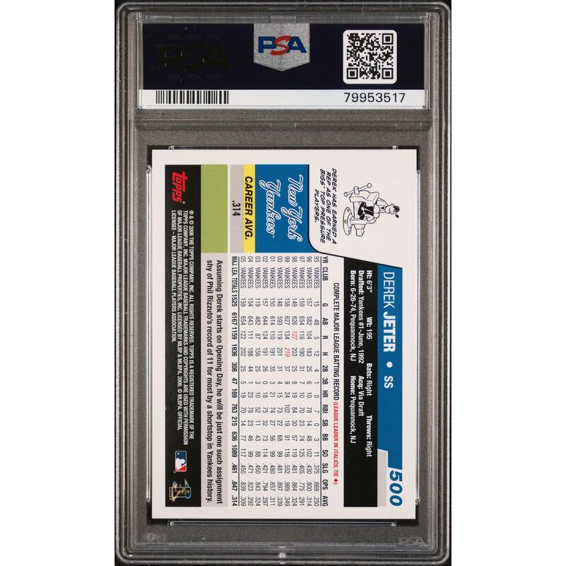 Derek Jeter 2006 Topps Baseball Card #500 Graded PSA 10 - 8'6" x 11'6"