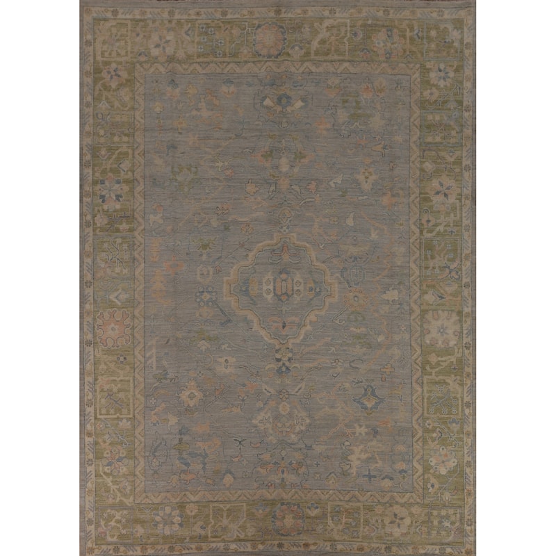 Vegetable Dye Oushak Turkish Area Rug Hand-Knotted Grey Wool Carpet - 9'5"x 12'1"