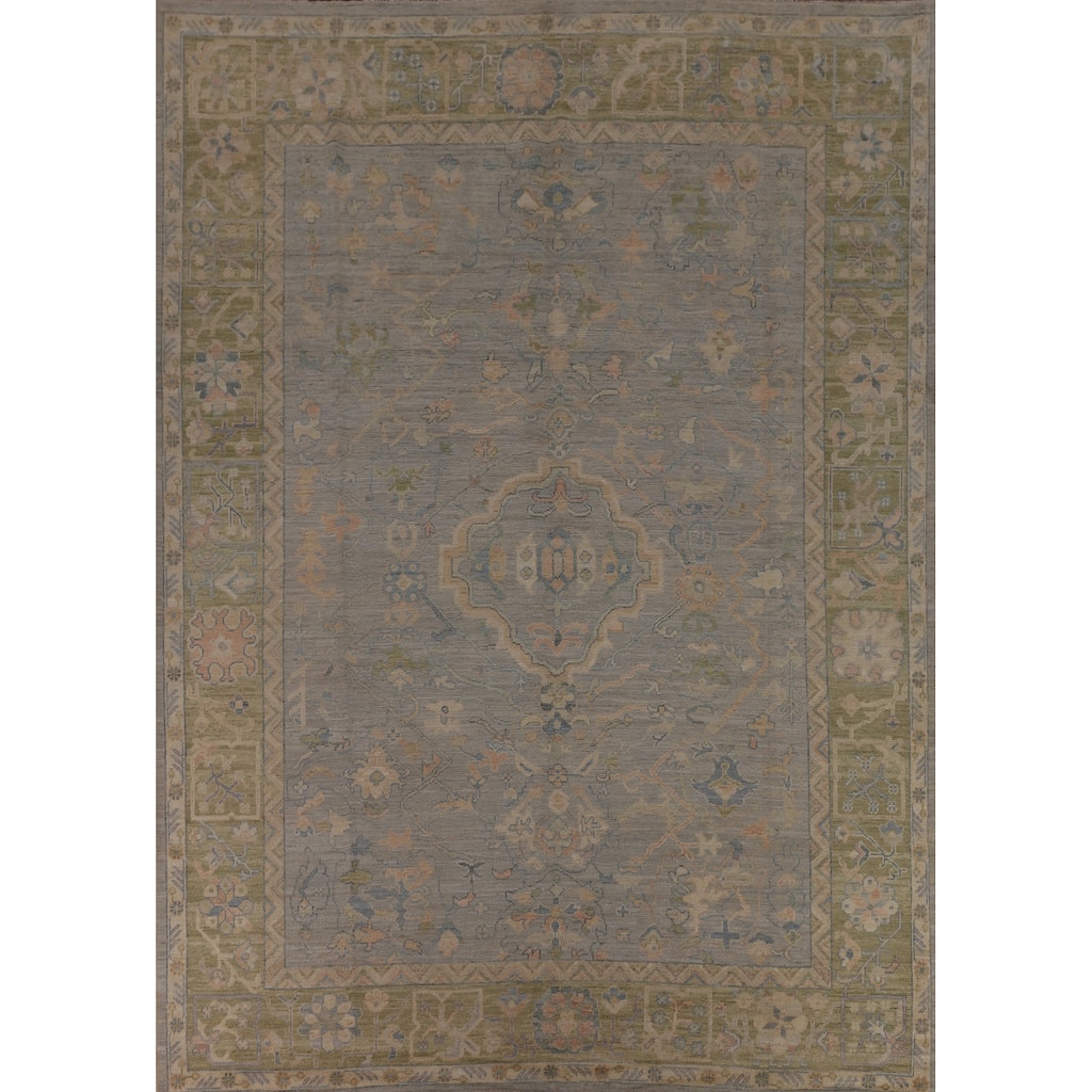 Vegetable Dye Oushak Turkish Area Rug Hand-Knotted Grey Wool Carpet - 9'5"x 12'1"
