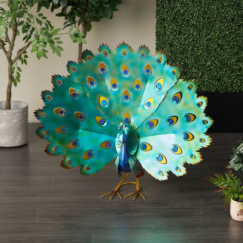 Metal Peacock Garden Sculpture with Gold Legs and Teal Wings - Blue - Roche River Decor