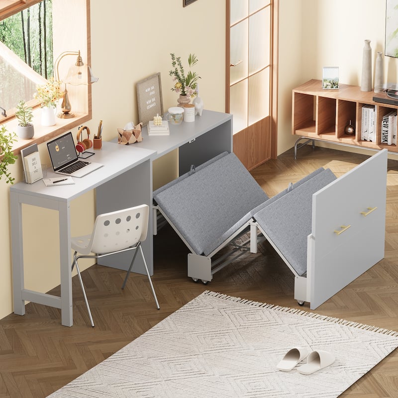 2 in 1 Murphy Bed ,Twin Size Murphy Cabinet Bed with Adjustable Position Desk, Murphy Chest Dresser Bed with Foldable Cushion - Grey