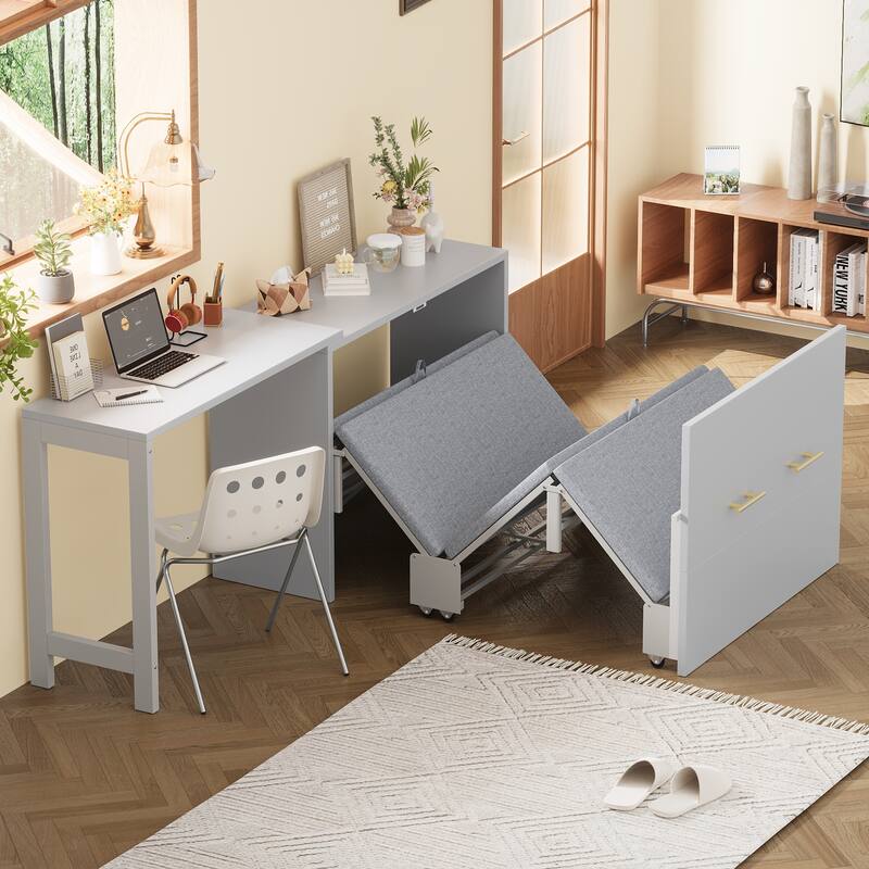 Twin Size Murphy Cabinet Bed with Adjustable Position Desk, Wooden Murphy Chest Dresser Bed Frame with Foldable Cushion