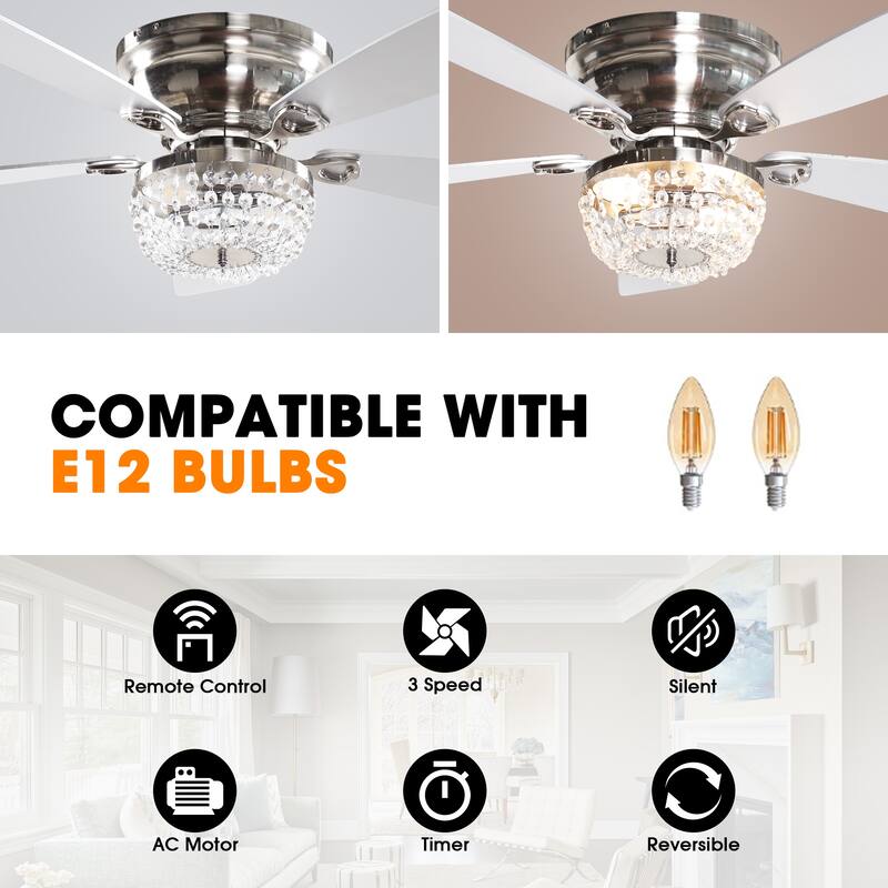 48-in Modern 5-Blade Silver Crystal Low Profile Flush Mount Ceiling Fan with Remote and Light Kit - 48 Inches