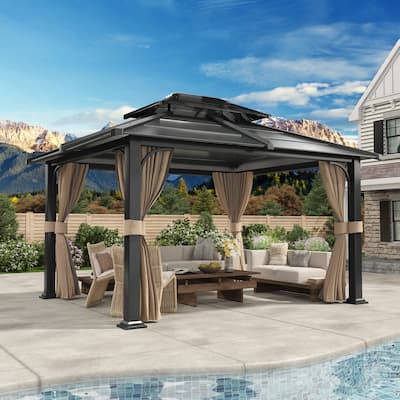 EROMMY Anti-Rust Coating Iron Hardtop Sun Shade Shelter Outdoor Canopy & Pergolas w/Curtains and Netting