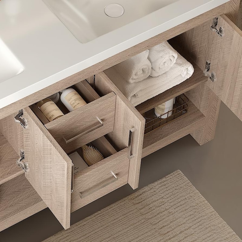 GDFStudio - Lucci Modern 60" Freestanding Bathroom Vanity with 2 Acrylic Integrated Basins, Drawers & Doors, WITHOUT Faucet - Light Oak