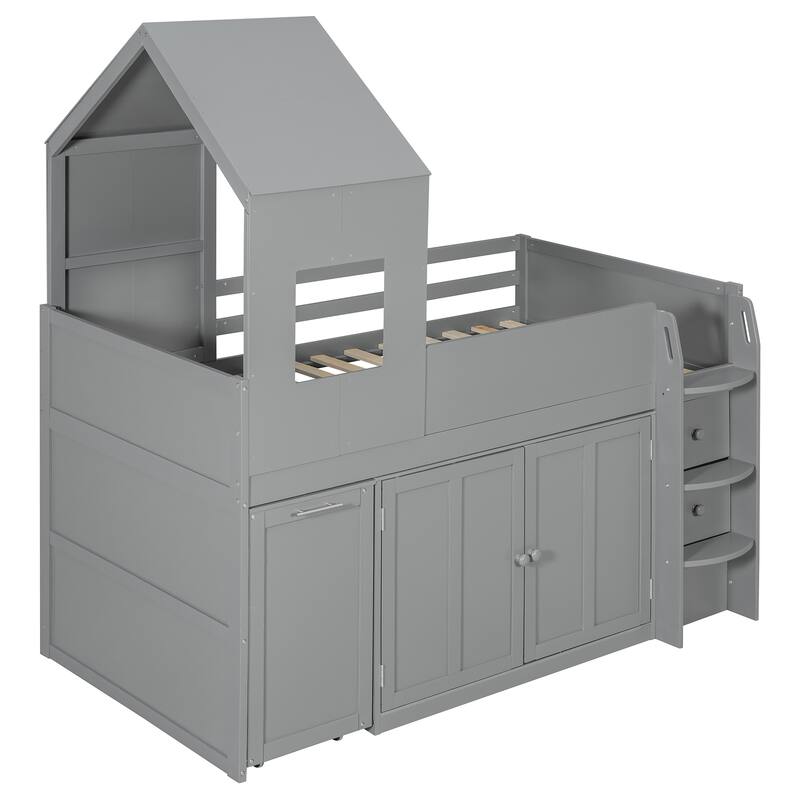 House-Style Kids Loft Bed Frame with Cabinets, Desk, Twin Size Wooden Loft Bed with Safety Guardrail & Storage Ladder