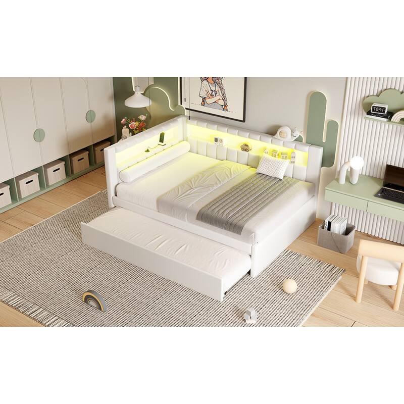 Roomfitters Full Size Upholstered Platform Bed with USB Ports, LED Light Belt and Twin Trundle, Modern Sleeper Bed, White
