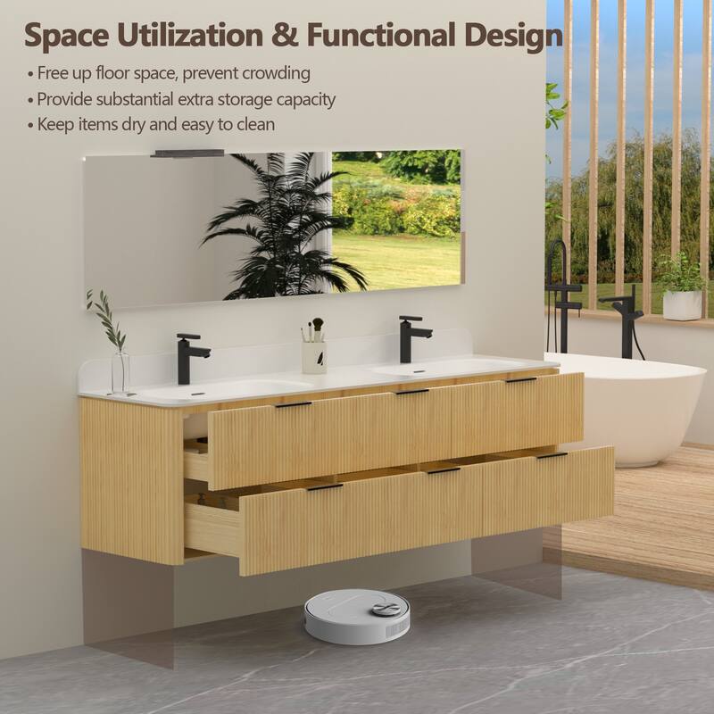 72" Floating Bathroom Vanity with Integrated countertop Rectangular Sink Solid Wood