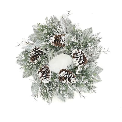 Flocked Cedar and Magnolia Leaf Artificial Christmas Wreath - 22" - Unlit