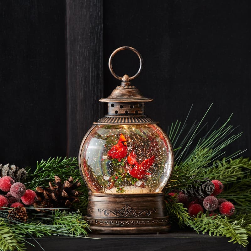 LED Lighted Lantern Snow Globe with Cardinal Bird Couple - 8.25" - Bronze and Red