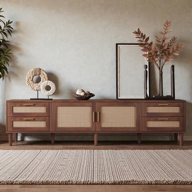78" Rattan TV Stand for TVs up to 85", Modern Media Console with 4 Drawers, Soft-Close Hinges & Solid Wood Legs