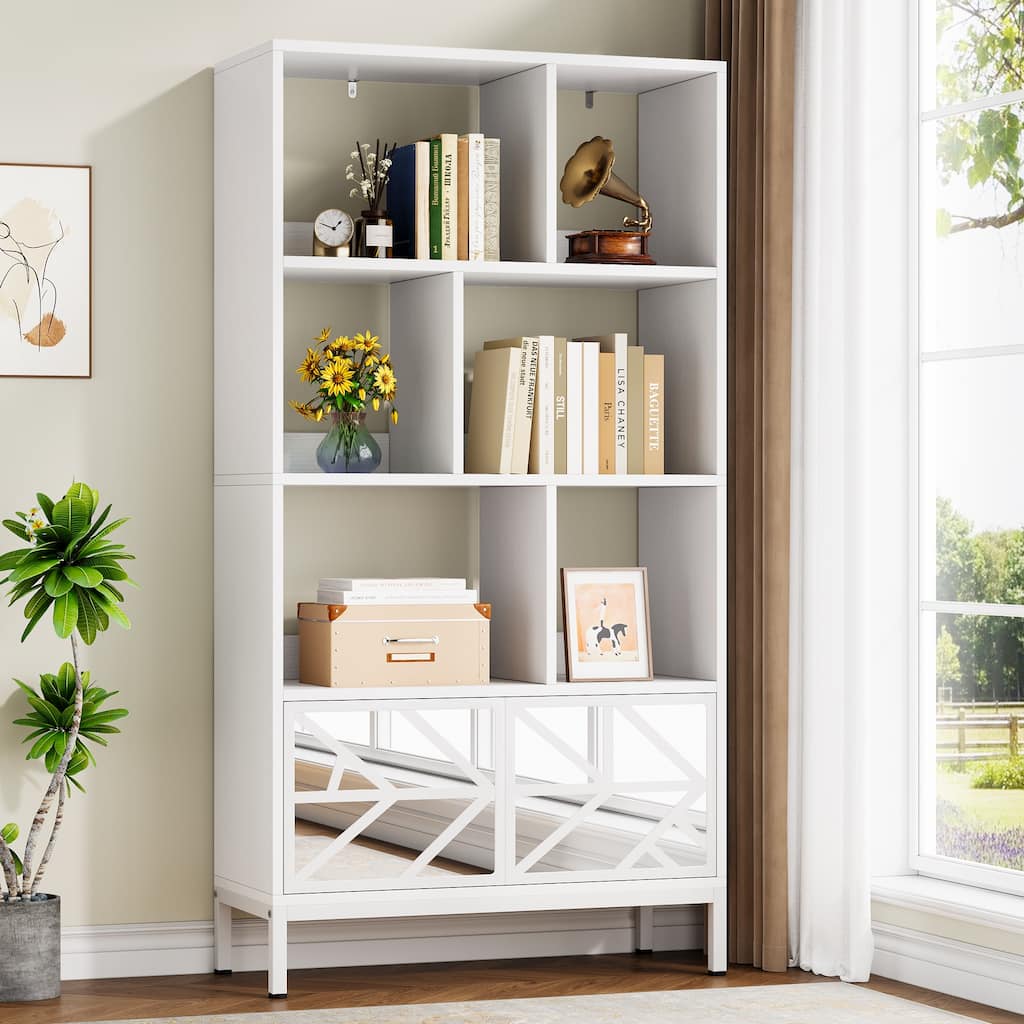 5-Tier White Bookshelf, Modern Wood Bookcase with Mirrored Doors
